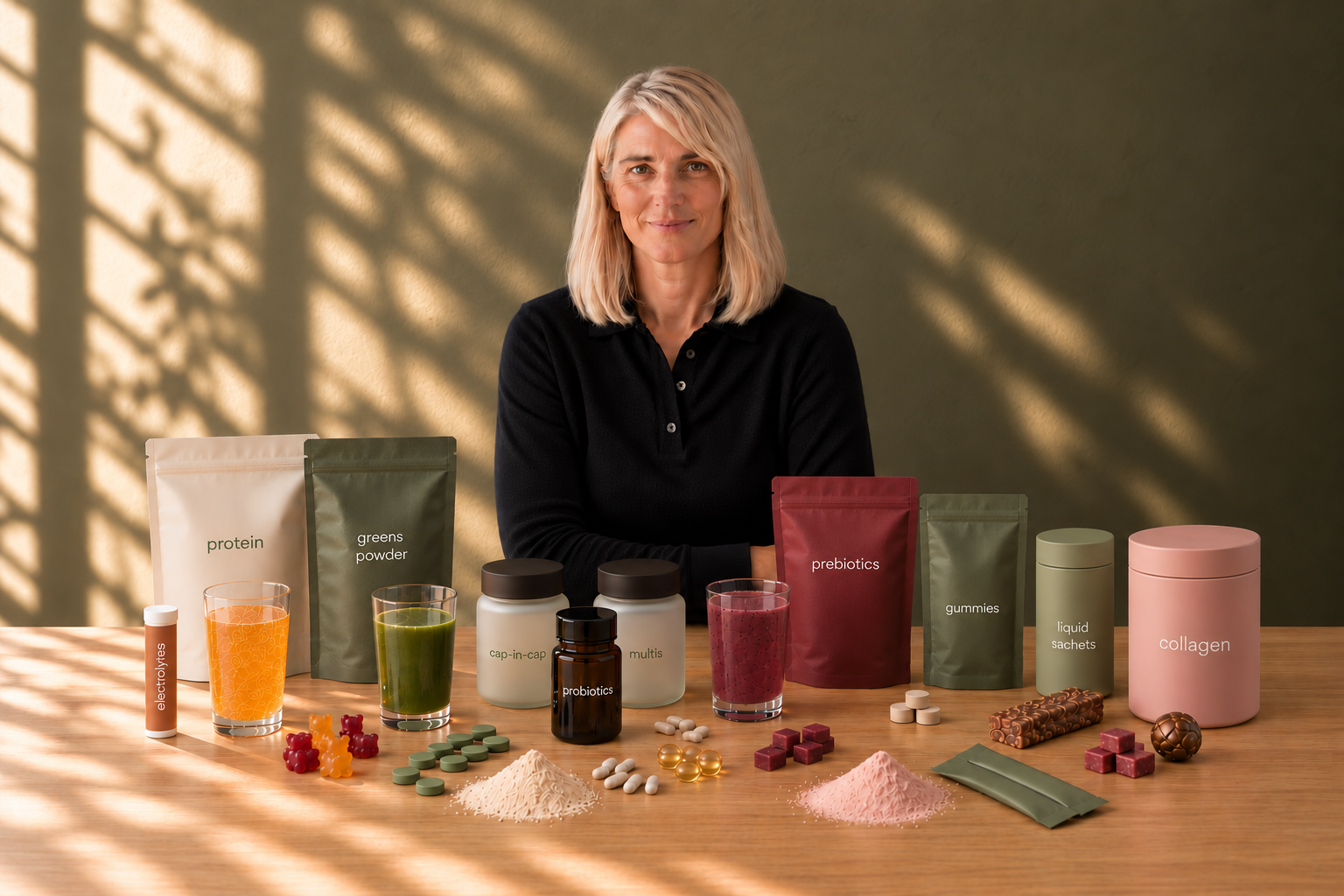 Anna Bearpark with dietary supplement products and formats